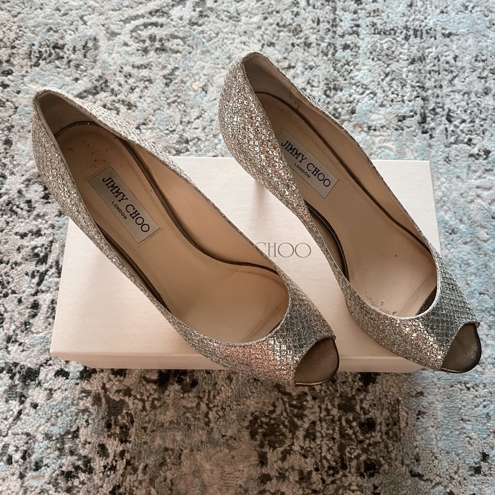 EUC With Box Jimmy Choo Isabel Glitter Fabric Champage Peep Toe Kitten Heal 39.5